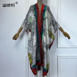 WINYI-Kimono imprimé portrait artistique, cardigan ample, vêtements de plage, couverture pour femmes, kaftan, robe de soirée, manteau long en duvet, robe de soirée