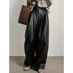 Pantalon en cuir noir rétro pour femmes, taille haute et fin, polyvalent, décontracté, nouvelle collection automne et hiver 2026