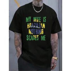 T-shirt 100% coton pour femme et homme, avec image « Ma femme est brésilienne, rien ne me fait peur, Brésil », hauts décontractés