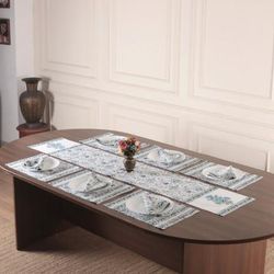 'Woven Floral 13-Piece Cotton Table Linen Set in Blue & Green'