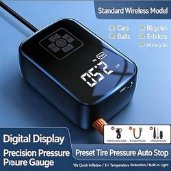 Gonfiatore per pneumatici portatile, pompa d'aria per auto senza fili con manometro digitale, compressore d'aria elettrico da 150 psi, spegnimento automatico, power bank ricaricabile luce a LED per