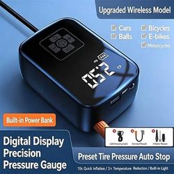 Gonfiatore per pneumatici portatile, pompa d'aria per auto senza fili con manometro digitale, compressore d'aria elettrico da 150 psi, spegnimento automatico, power bank ricaricabile luce a LED per