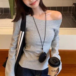 Haut à manches longues pour femme, T-shirt asymétrique Y2K, style coréen, streetwear, hauts basiques noirs pour femme, vêtements d'automne