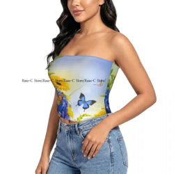 Haut sans bretelles pour femmes, motif hortensias bleus et papillons, haut sexy d'été à manches courtes