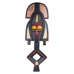'Hand-Carved Painted Wood Brass Aluminum African Wall Mask'