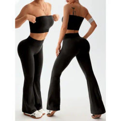 Ensemble de yoga sans couture pour femmes, 2 pièces, haut court bandeau, leggings évasés taille haute, tenue de sport pour la gym et le fitness