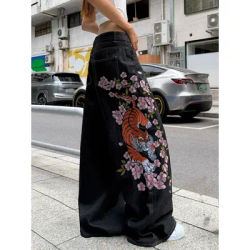 Pantalon en jean à jambes larges pour femmes européennes et américaines, jeans noir taille haute brodé de fleurs de cerisier et de tigre