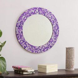 Enchanted Layers,'Purple & White Glass Mosaic Wall Mirror with Round Frame'