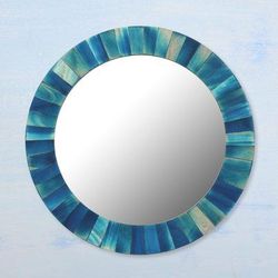 Teal Steps,'Hand-Painted Round Mango Wood & Glass Mirror in Teal Hues'