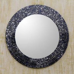 'Star-Themed Tinted Glass Mosaic Mirror with Round Wood Frame'