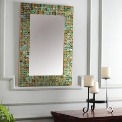 'Sylvan-Inspired Framed Mirror with Green-Tinted Glass Tiles'