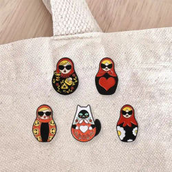 Russian Matryoshka Doll Enamel Pin Set Cute Cat Sunglasses Brooch Lapel Badge Jewelry Gift for Culture Enthusiast
