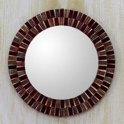 'Avant-Garde Glass Wall Mirror with Round Burgundy Frame'