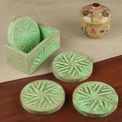 'Artisan-Made 5-Piece Wood Coaster & Storage Box Set in Green'