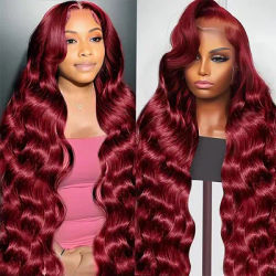 99J Burgundy Body Wave Brazilian Virgin Human Hair Wig 46 Inch 13x6 HD Transparent Lace Front Pre Plucked Baby Hair Bleached For Black Women