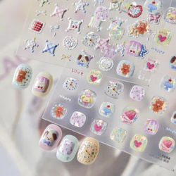 5D Relief Nail Stickers Cute Cartoon Nail Art Stickers Sweet Checkered Pillows Adhesive Transfer Sliders Nail Decorations Decals