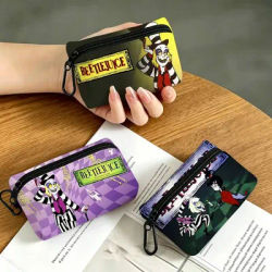 Portefeuille miniature Tim Burton Horror B-Beetlejuice en tissu Oxford avec design de mousqueton, petit sac à monnaie pour cartes, clés et écouteurs.