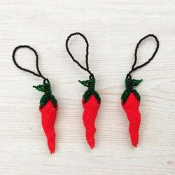 '3-Piece Chili Pepper-Shaped Glass Beaded Ornament Set in Red'