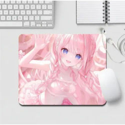 Tapis de souris gaming, petit tapis de bureau carré, base en caoutchouc antidérapante, bords surpiqués, motif anime mignon avec oreilles de chat à double tresse rose