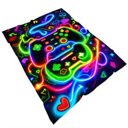 Vibrant Neon Gaming Blanket Soft Plush Throw Dark Background Video Game Controllers Psychedelic Retro Arcade Style Colorful Cozy