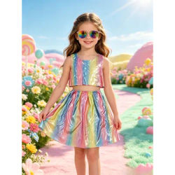 Ensemble de costume arc-en-ciel pour enfants composé d'un haut court, d'une jupe évasée et de lunettes de soleil décoratives.