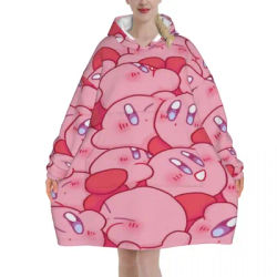 Pink Kirbys Funny Game Wearable Blanket Hoodie for Women Men Oversized Sweatshirt Blanket with Pocket