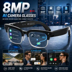 Nouvelles Lunettes Intelligentes IA 8MP 2026 avec Caméra HD 1080P, Enregistrement Vidéo, Traduction 32 Go en Plus de 120 Langues, Appel Bluetooth et Musique (Lunettes de Soleil)