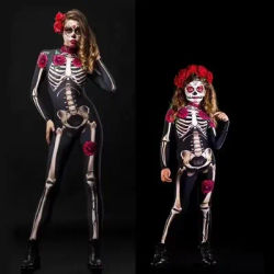 Rose Skeleton Adult Kids Scary Costume Halloween Dress Cosplay Sexy Jumpsuit Carnival Party Baby Girl Rompers Day of The Dead