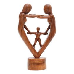 'Hand-Carved Parents and Child Blessing Suar Wood Statuette'