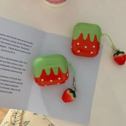 Étui de protection brillant pour écouteurs AirPods 1 2 3 4 5 Pro 2 Pro 3, motif adorable à pois blancs et fraises rouges, avec pendentif charm