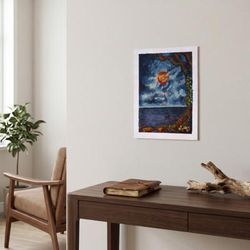 Blood Moon,'Signed Acrylic on Paper Expressionist Painting of Blood Moon'