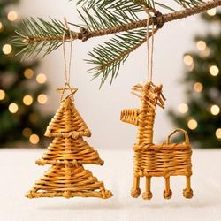 'Set of 2 Tree & Reindeer-Themed Natural Fiber Ornaments'