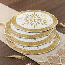Victorious Banquet,'Set of 4 Classic Golden and White Glass Beaded Placemats'