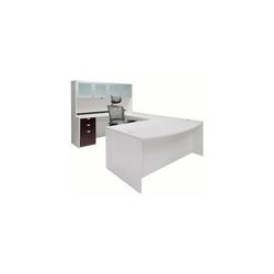 White & Woodgrain U-Shaped Workstation w/Hutch