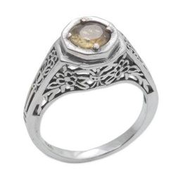 Magic Garden,'Ornate Citrine Solitaire Ring with 925 Silver Floral Cutouts'