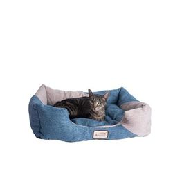 Navy and Beige Model C47 Cat Bed, 26" L X 21" W X 6" H, Small, Blue / Tan