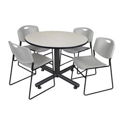 "Kobe 48" Round Breakroom Table in Maple & 4 Zeng Stack Chairs in Grey - Regency TKB48RNDPL44GY"