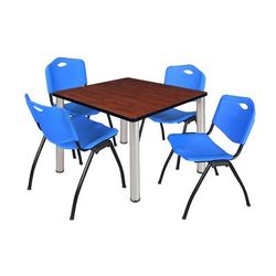 "Kee 42" Square Breakroom Table in Cherry/ Chrome & 4 'M' Stack Chairs in Blue - Regency TB4242CHBPCM47BE"