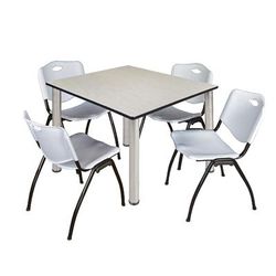 "Kee 48" Square Breakroom Table in Maple/ Chrome & 4 'M' Stack Chairs in Grey - Regency TB4848PLBPCM47GY"