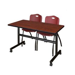 "48" x 30" Flip Top Mobile Training Table in Cherry & 2 "M" Stack Chairs in Burgundy - Regency MKFT4830CH47BY"