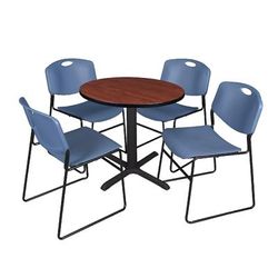 "Cain 30" Round Breakroom Table in Cherry & 4 Zeng Stack Chairs in Blue - Regency TB30RNDCH44BE"