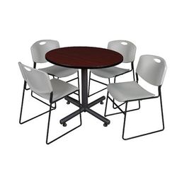 "Kobe 42" Round Breakroom Table in Mahogany & 4 Zeng Stack Chairs in Grey - Regency TKB42RNDMH44GY"