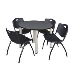 "Kee 36" Round Breakroom Table in Grey/ Chrome & 4 'M' Stack Chairs in Black - Regency TB36RNDGYBPCM47BK"