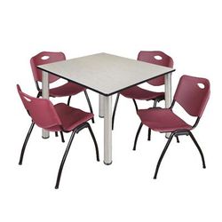 "Kee 48" Square Breakroom Table in Maple/ Chrome & 4 'M' Stack Chairs in Burgundy - Regency TB4848PLBPCM47BY"