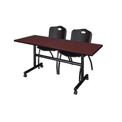 "60" x 30" Flip Top Mobile Training Table in Mahogany & 2 "M" Stack Chairs in Black - Regency MKFT6030MH47BK"