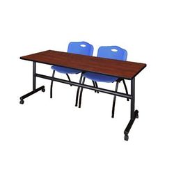 "72" x 30" Flip Top Mobile Training Table in Cherry & 2 "M" Stack Chairs in Blue - Regency MKFT7230CH47BE"