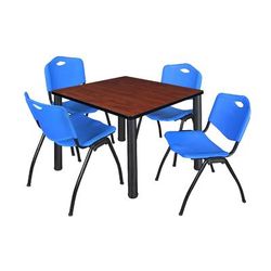 "Kee 42" Square Breakroom Table in Cherry/ Black & 4 'M' Stack Chairs in Blue - Regency TB4242CHBPBK47BE"