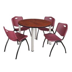 "Kee 48" Round Breakroom Table in Cherry/ Chrome & 4 'M' Stack Chairs in Burgundy - Regency TB48RNDCHBPCM47BY"