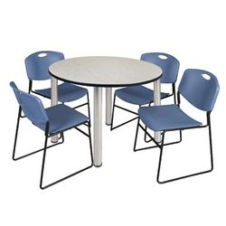 "Kee 48" Round Breakroom Table in Maple/ Chrome & 4 Zeng Stack Chairs in Blue - Regency TB48RNDPLBPCM44BE"