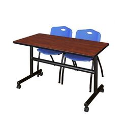 "48" x 30" Flip Top Mobile Training Table in Cherry & 2 "M" Stack Chairs in Blue - Regency MKFT4830CH47BE"